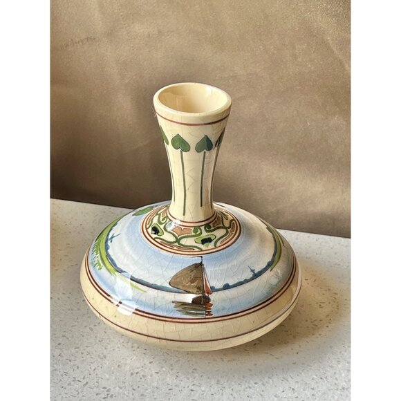 Signed Art Nouveau PZH Gouda Landscape Vase Zuid Holland Dutch Windmill Sailboat - Picture 3 of 9